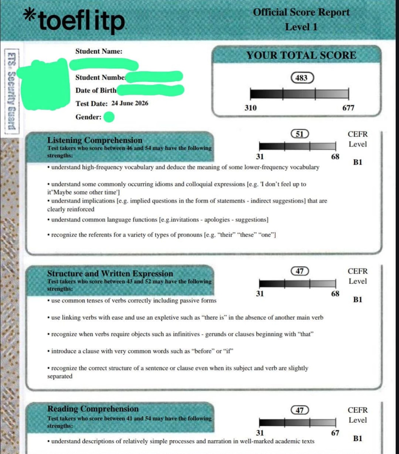 Resultado oficial TOEFL ITP