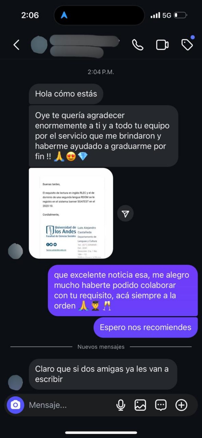 Agradecimiento por acompañamiento para completar el requisito de grado