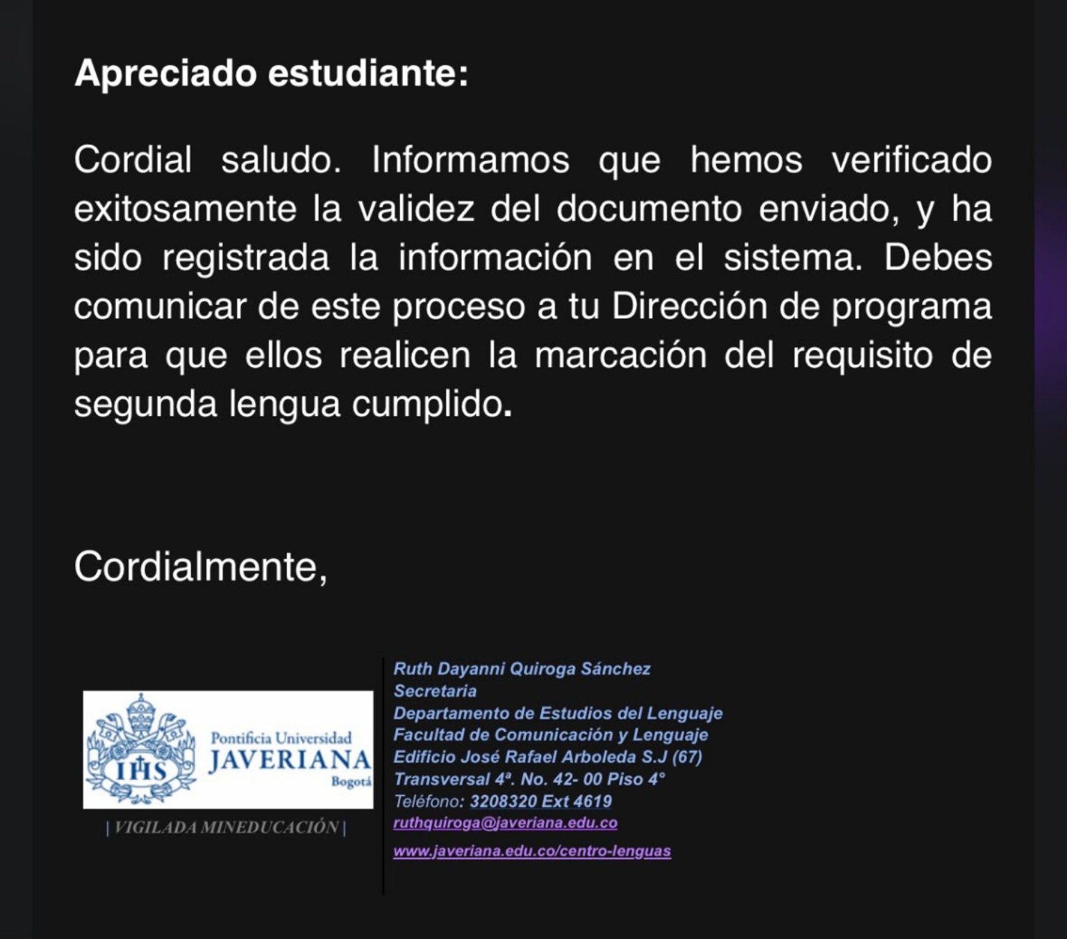 Validación universitaria del requisito de segunda lengua