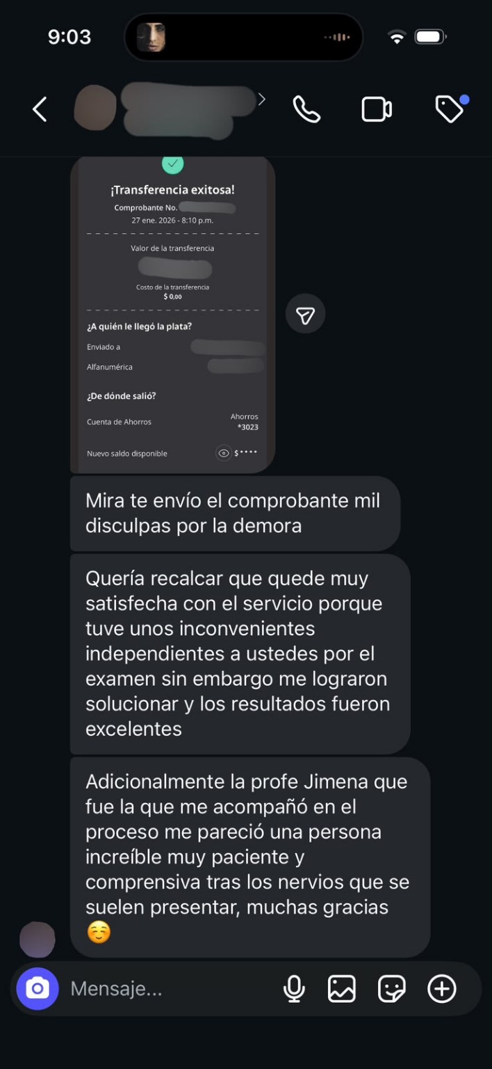 Mensaje de satisfacción de una estudiante