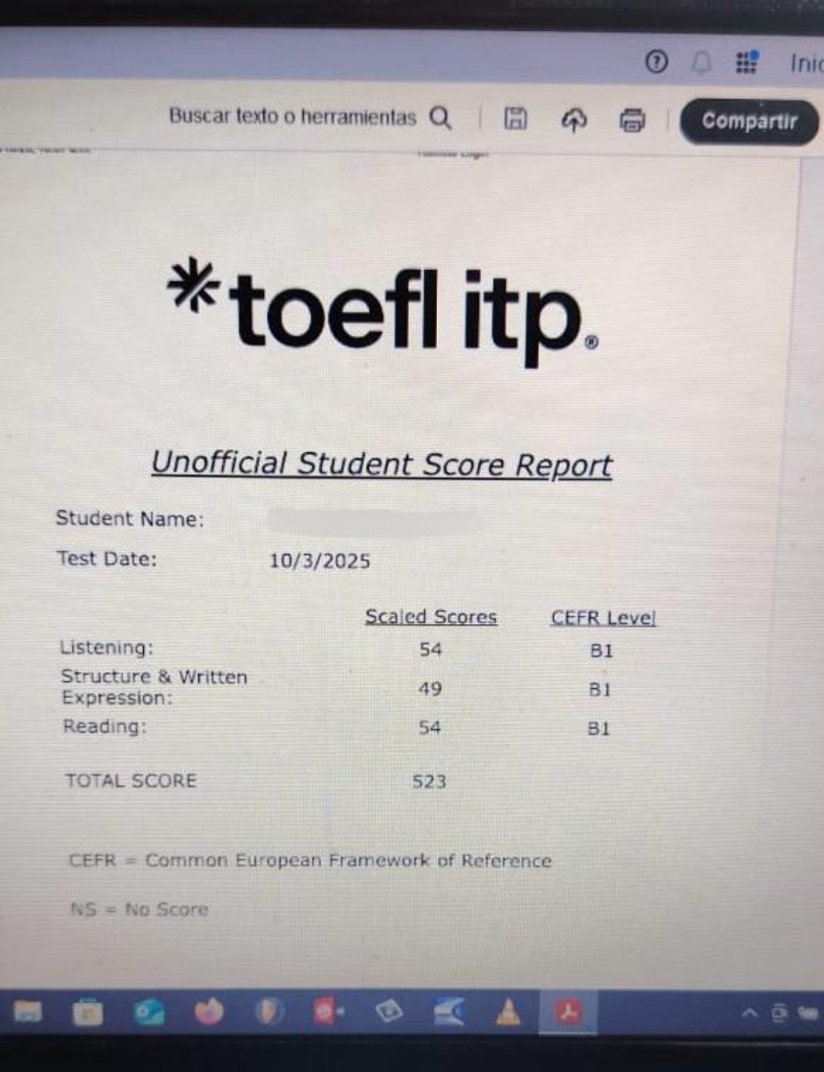 Resultado TOEFL ITP con nivel B1