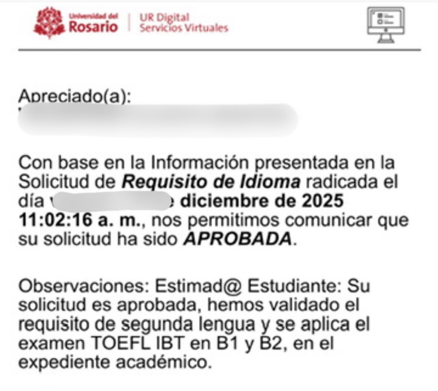 Aprobación universitaria del requisito de idioma