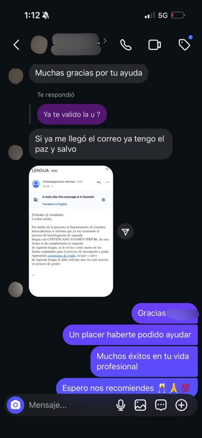Mensaje de agradecimiento por homologación universitaria