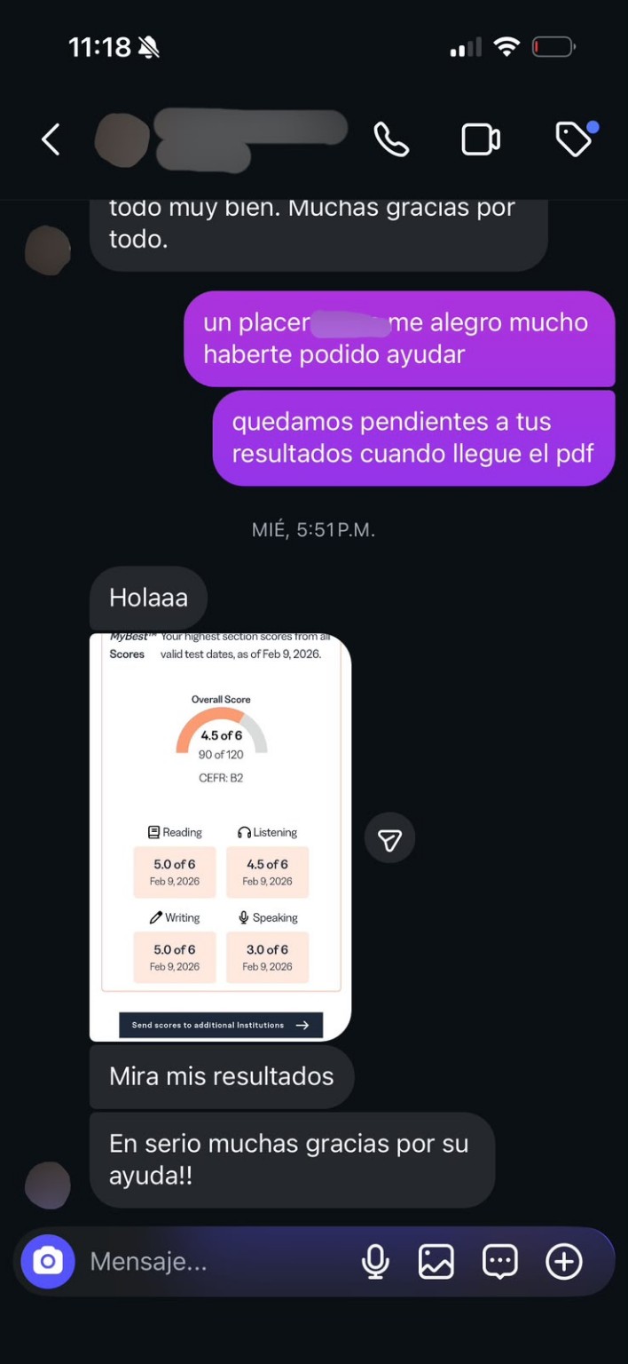 Mensaje de agradecimiento con resultado TOEFL