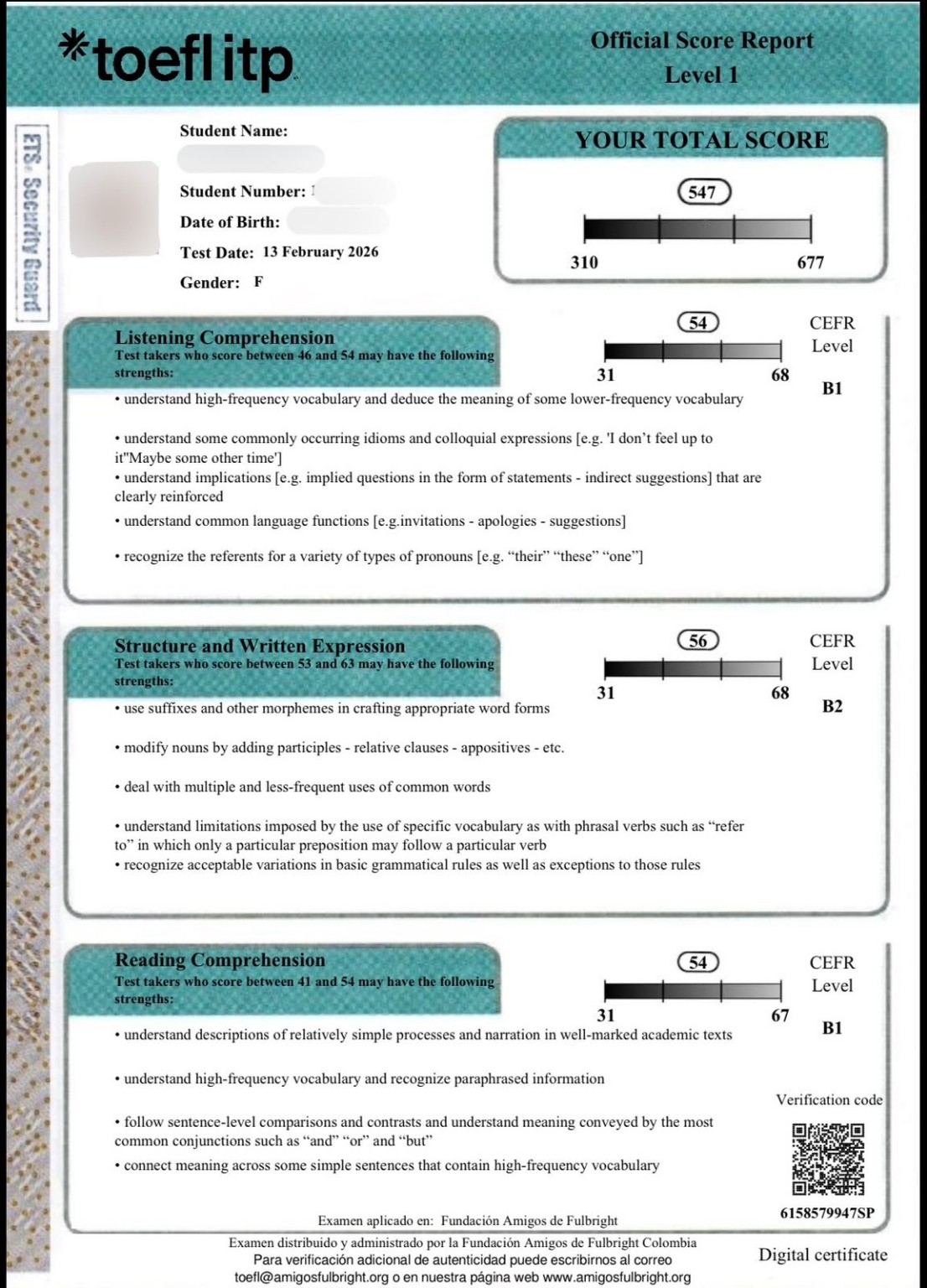 Resultado oficial TOEFL ITP